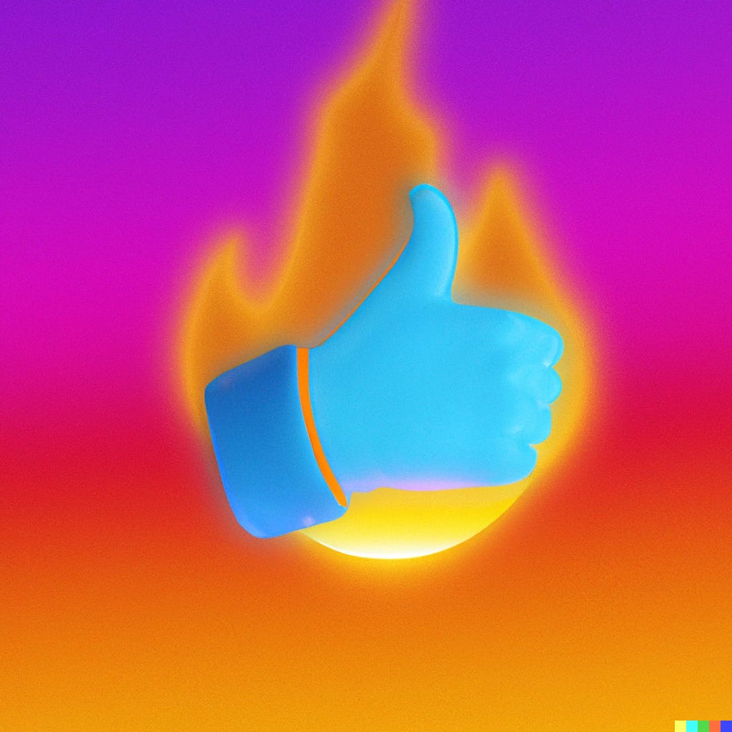 “vaporwave portrait of the thumbs up emoji on fire, digital art” / DALL-E