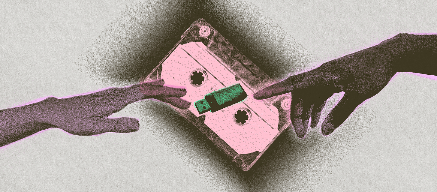 Two hands reaching for each other with a pen drive in between them. In the background, there’s a cassette tape. The illustration resembles the painting of The Creation of Adam by Michelangelo.