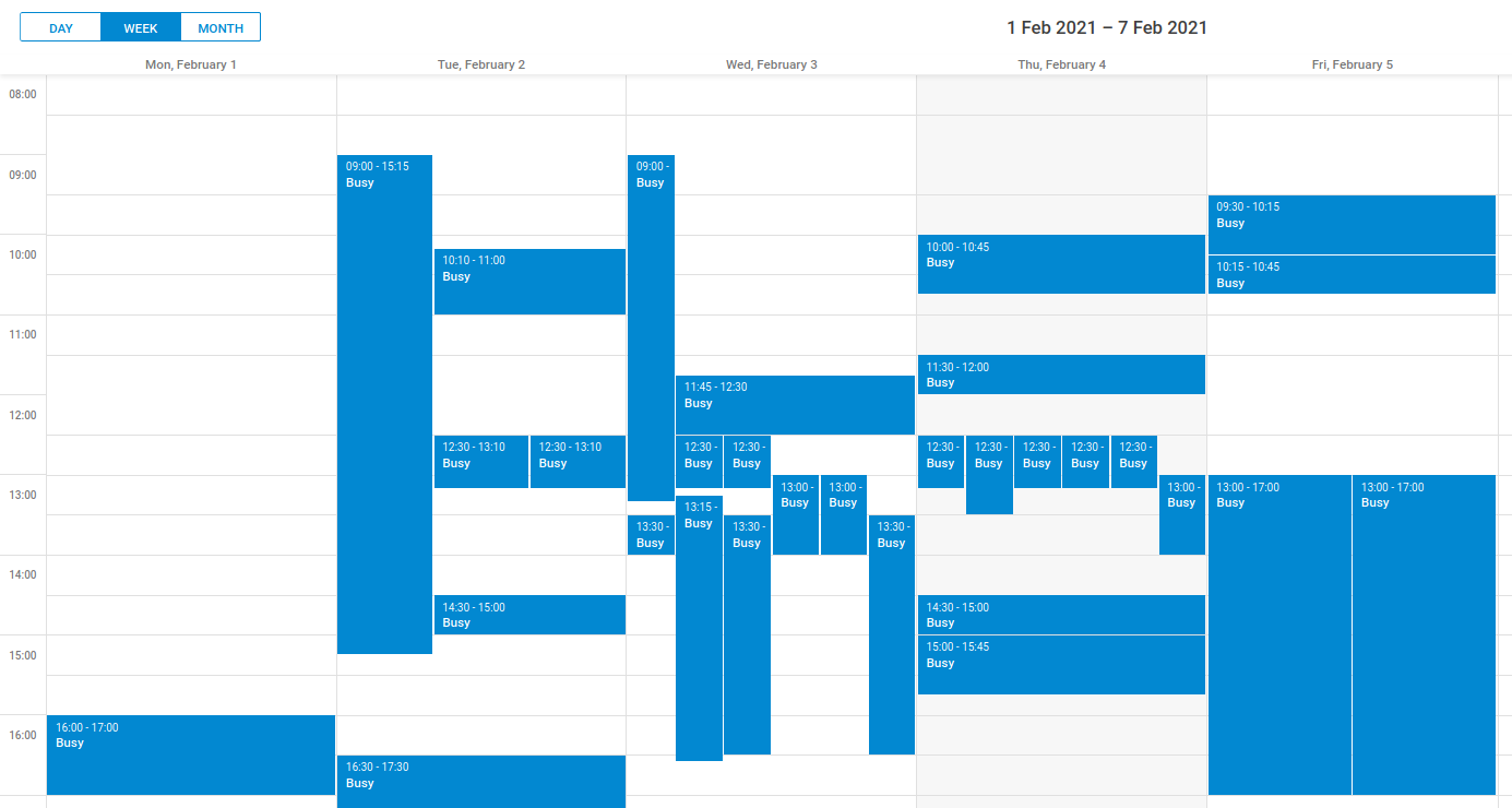 A graphical view of a calendar - the days have various appointments in them.