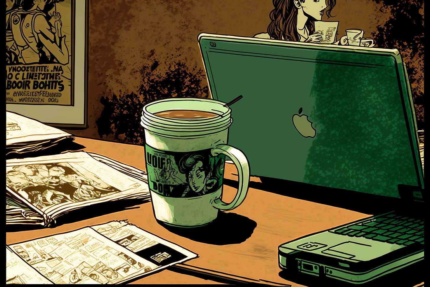 laptops with coffee cups, graphic novel