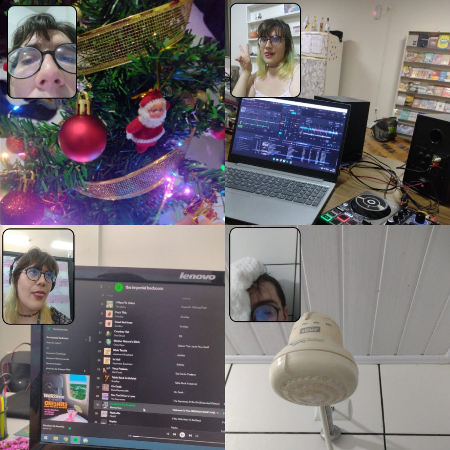 quatro imagens de isabela thomé em circunstâncias diferentes: montando árvore de natal, tocando uma mesa de DJ, ouvindo música no Spotify e no chuveiro