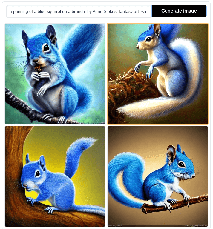 4 images of a blue squirrel on a branch generated by AI