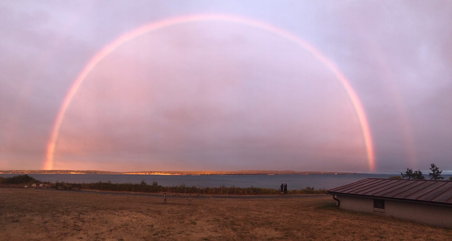 A pink rainbow stretching in a full half-arc across a blue bay. There is a faint double rainbow as well. The sky is a light purple. There is some brownish/yellowish grss, a small road, and some shrubs, as well as a couple standing in the distance looking at the rainbow.