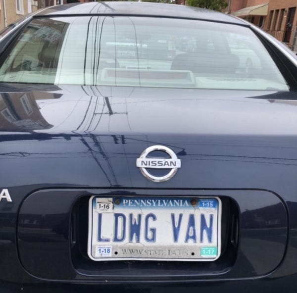 Car with license plate LDWG VAN, short for Ludwig van Beethoven.