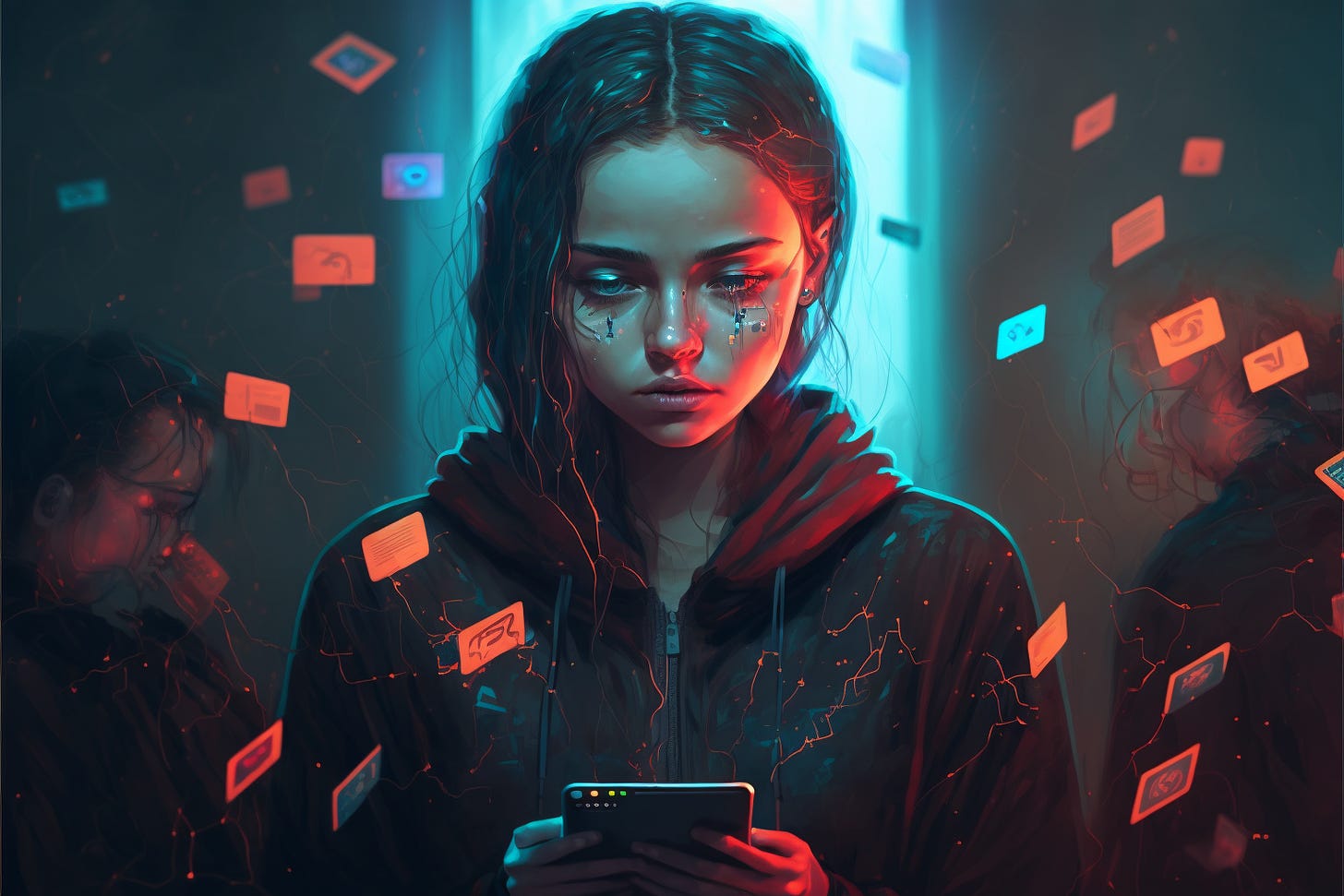 sad woman looking at phone screen, surrounded by smartphones, social media, cyberpunk, octane render,