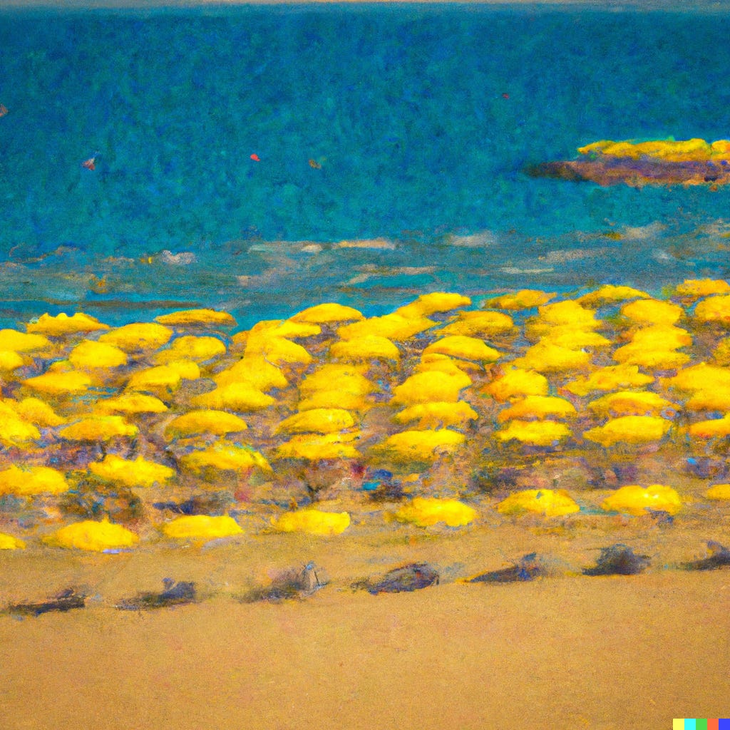 yellow umbrellas on a mediterranean beach, painted in a monet-style, generated by DALL-E AI