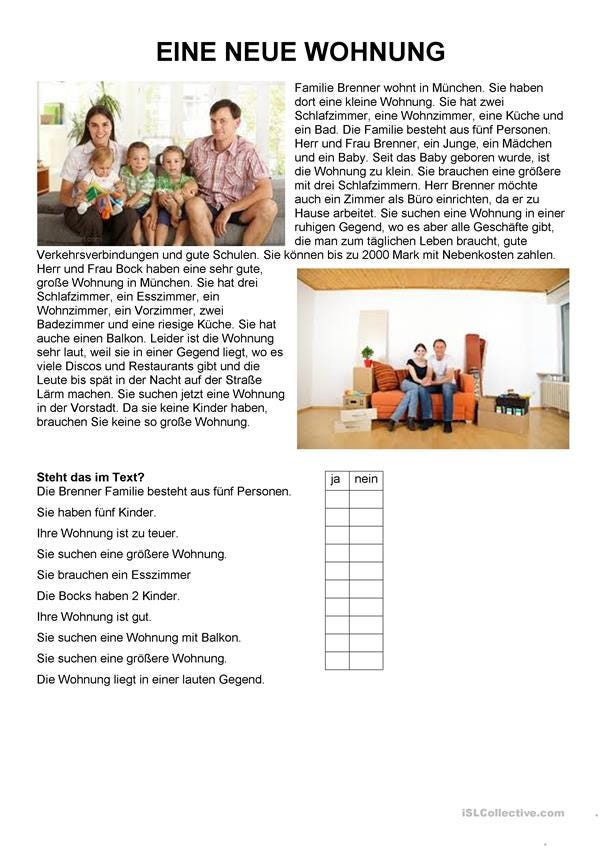 Einfache Texte - Eine neue Wohnung - Deutsch Daf Arbeitsblatter