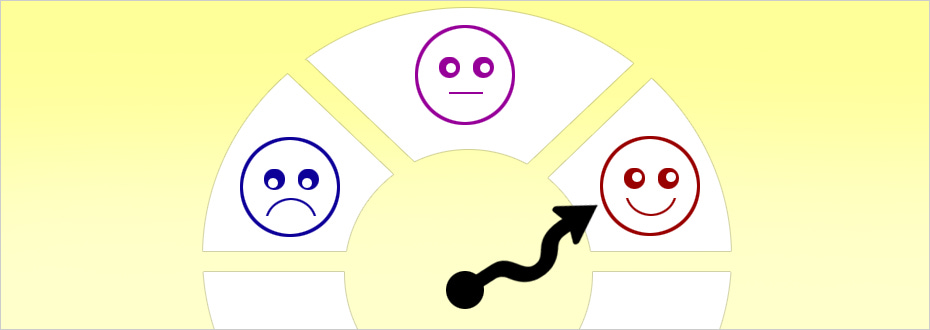 An illustration of three faces: sad, neutral, and happy, with a bent arrow pointing to the happy face.