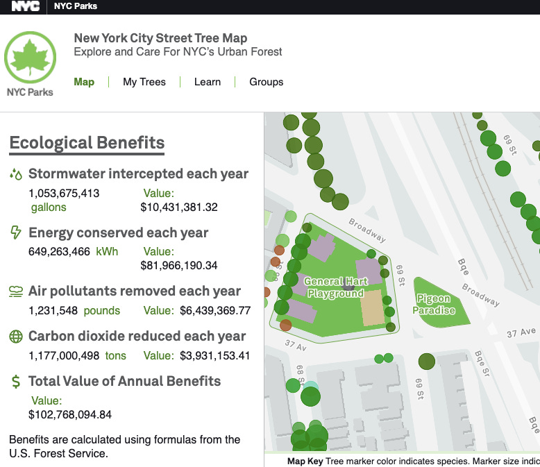 Image description: Closeup screenshot of NYC Tree Map's Ecological Benefits section. End image description.
