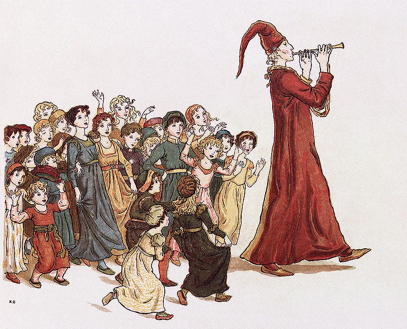 Un uomo vestito con una lunga tunica e un cappello rossi che suona il flauto. Dietro di lui bambini in abiti medievali lo seguono danzando.