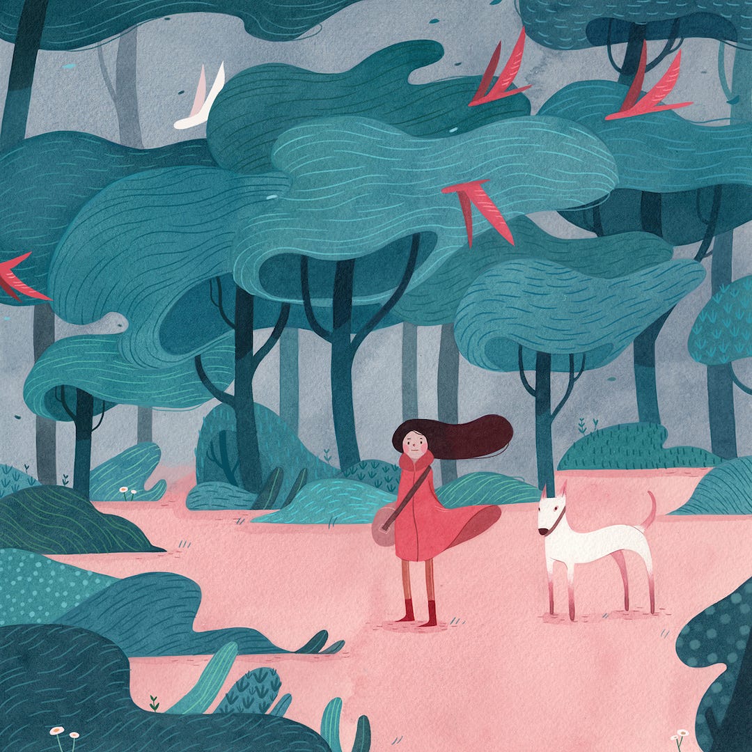 Illustration of girl in the woods.
