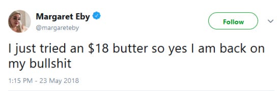 Screenshot of a funny tweet about butter. 