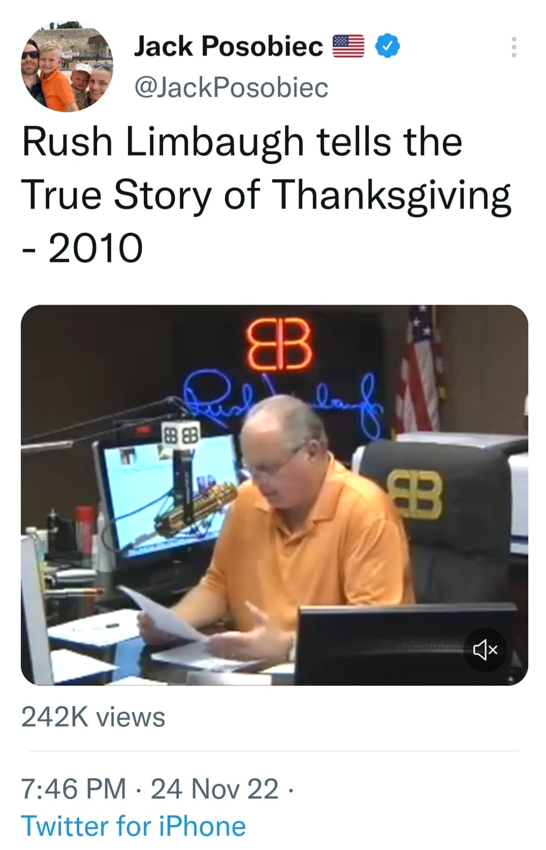 May be an image of 3 people and text that says 'Jack Posobiec @JackPosobiec Rush Limbaugh tells the True Story of Thanksgiving -2010 EB 88 8B 242K views 7:46 PM 24 Nov 22 Twitter for iPhone'