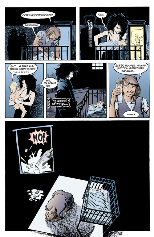 Página dos quadrinhos The Sandman que mostram os personagens Sonho e Morte entrando no quarto de uma criança. Então a mãe volta para atender o bebê e grita Não!