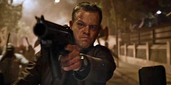 Jason Bourne (Matt Damon) takes aim at advancing enemies in "Jason Bourne," a 2016 Universal Pictures release directed by Paul Greengrass.