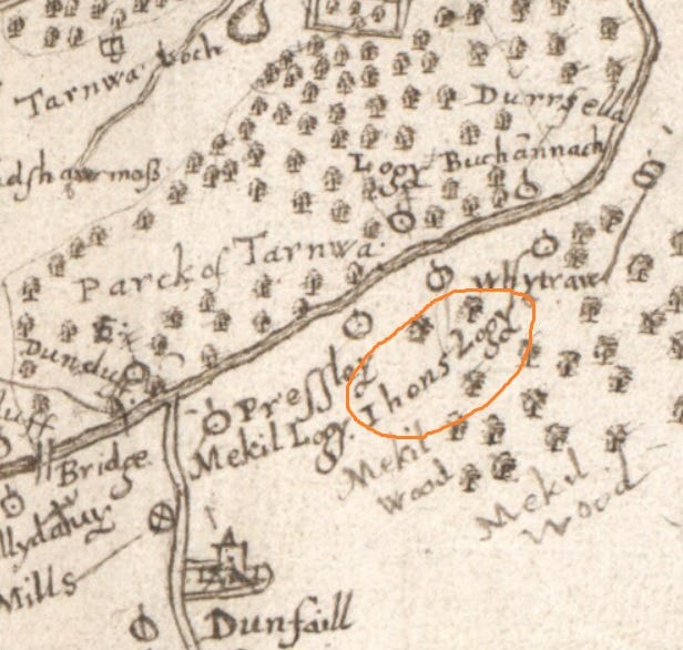 Detail from Pont’s 1590 map of Moray and Nairn, around Darnaway and Dunphail in the Findhorn valley. Circled in orange is a place called ‘Ihons Logy’, which Thomas Owen Clancy associates with John the Baptist. 