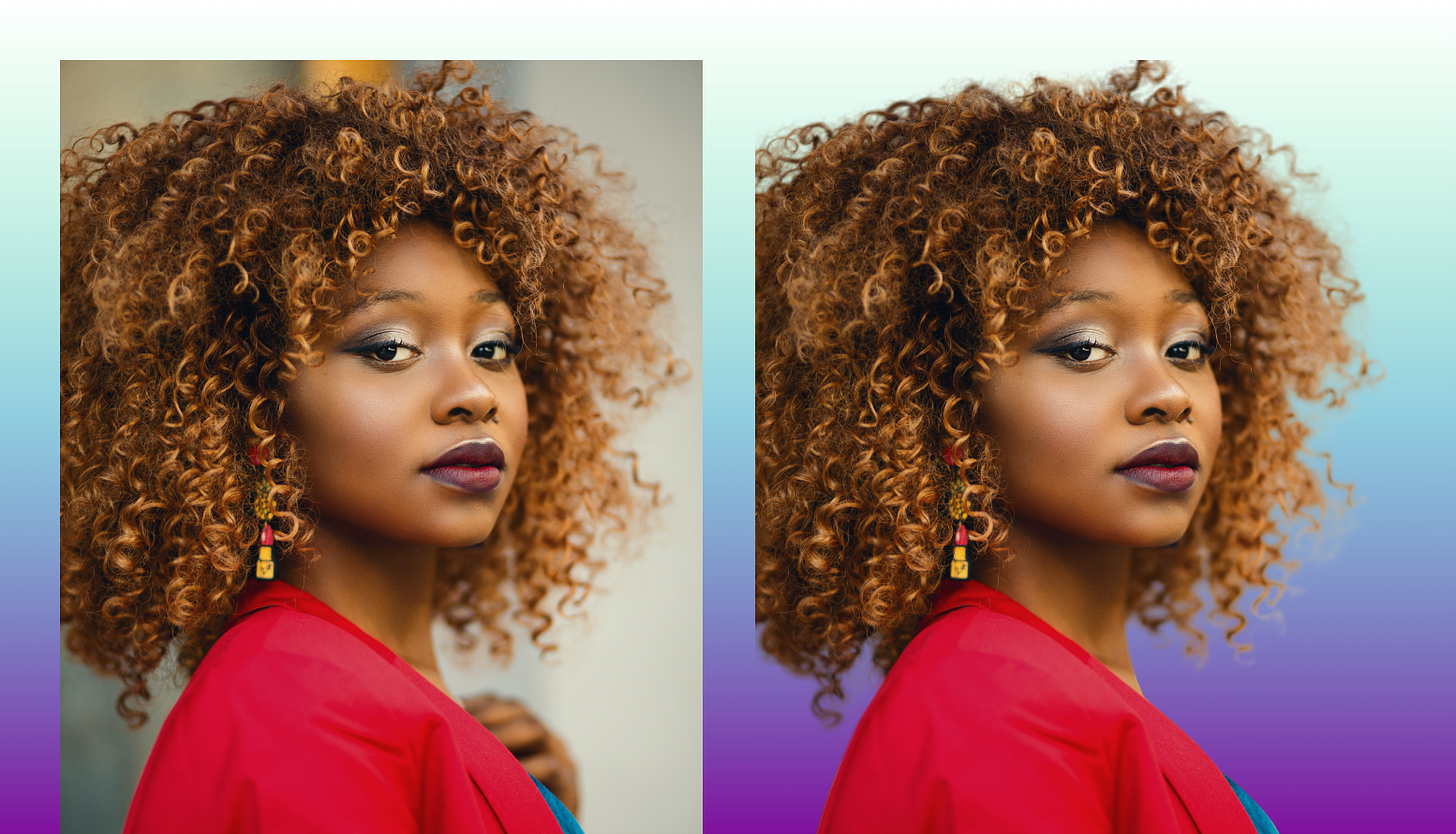 An image of a woman with curly hair, shot with a shallow depth of field.  The same image with the curly hair nicely clear-cut on a colored gradient background.