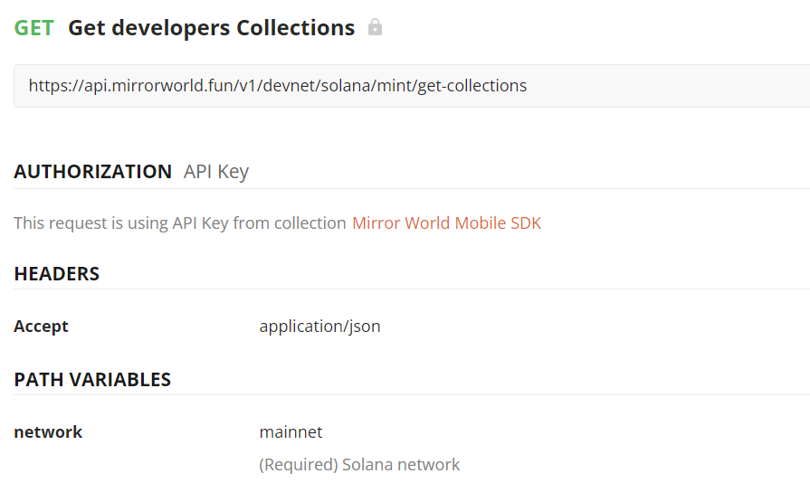 Mirror World API endpoint to get developer collections