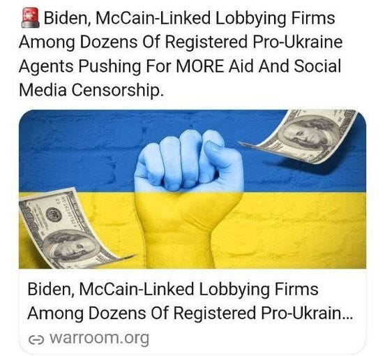 May be an image of text that says 'GETTR WarRoom Home of ultraMAGA @WarRoom 2h Biden, McCain-Linked Lobbying Firms Among Dozens Of Registered Pro-Ukraine Agents Pushing For MORE Aid And Social Media Censorship. Biden, McCain-Linked Lobbying Firms Among Dozens Of Registered Pro-Ukrain... မ warroom.org 83 Comments 282 Likes 198 Reposts WarRoom Home of ultraMAGA @WarRoom 19m Josh Shapiro Cowards Away From Any Debate, Pennsylvanians Must Turnout To Vote Him Out @Doug4gov +'