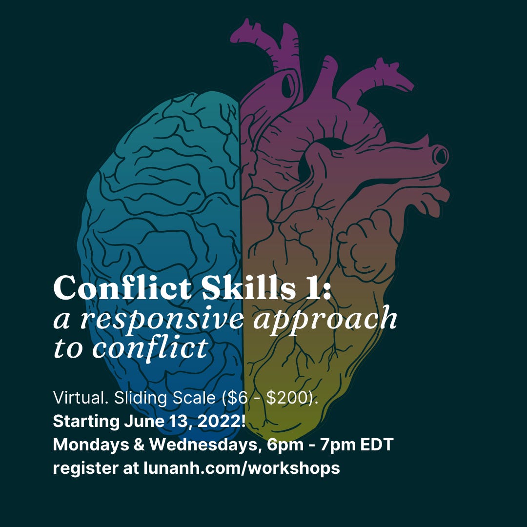 A dark teal square with a graphic of the left side of a brain next to the right side of a heart. The text reads: Conflict Skills 1: A Responsive Approach to Conflict.Virtual. Sliding Scale ($6 - $200).  Starting June 13, 2022! Mondays & Wednesdays, 6pm - 7pm EDT register at lunanh.com/workshops
