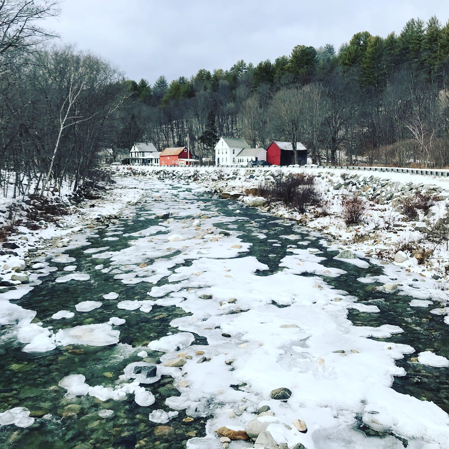River in snowy village