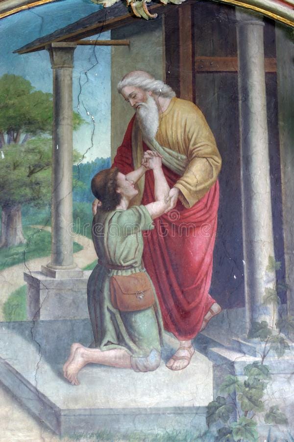 Return of the prodigal son. Fresco in the Saint Elijah church in Lipnik, Croatia royalty free stock photography