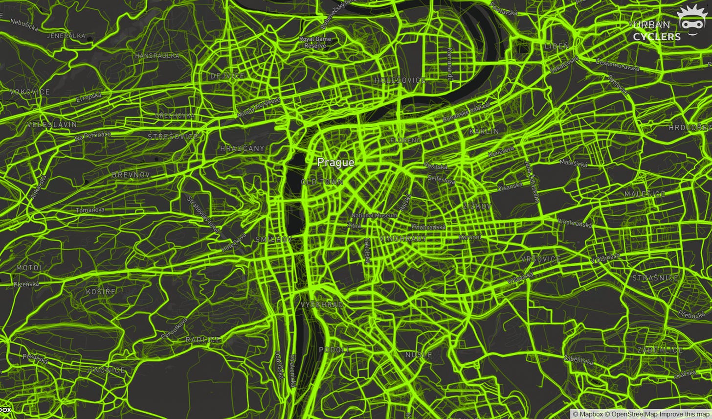 This is a cycling heatmap of the centre of Prague. The more popular routes are in a bolder shade of green