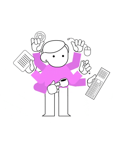 Gif of a cartoon woman with six purple arms. Each hand holds something: coffee, donut, paper, pencil, mouse. The hand with a keyboard throws the keyboard.