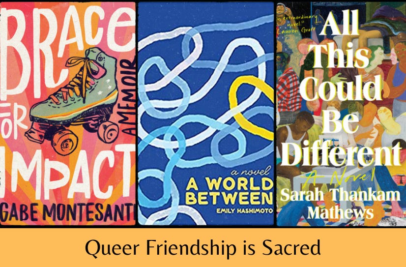 Images of the three listed books in a row above the text ‘Queer Friendship is Sacred’ on an orange background.
