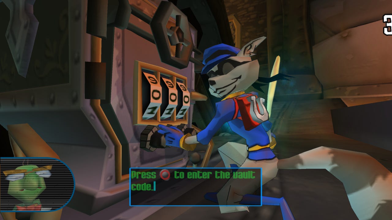 A screenshot of Sly listening to Bentley over comms, about to open a vault containing a page of the Thievius Raccoonus.
