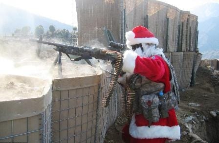Santa Claus firing machine gun
