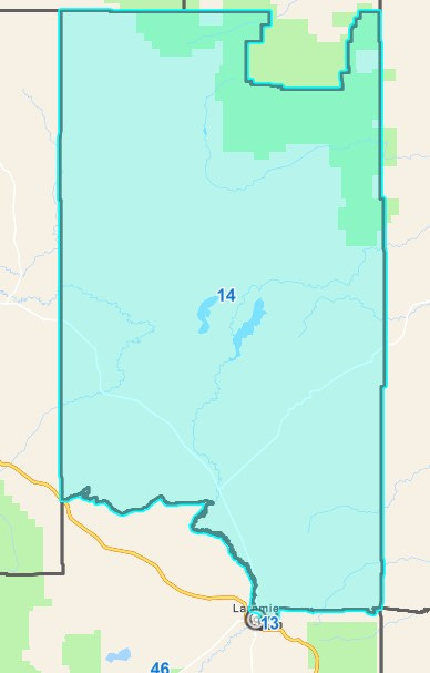 The geographical area of House District 14 is shaded blue on a map of Albany County.