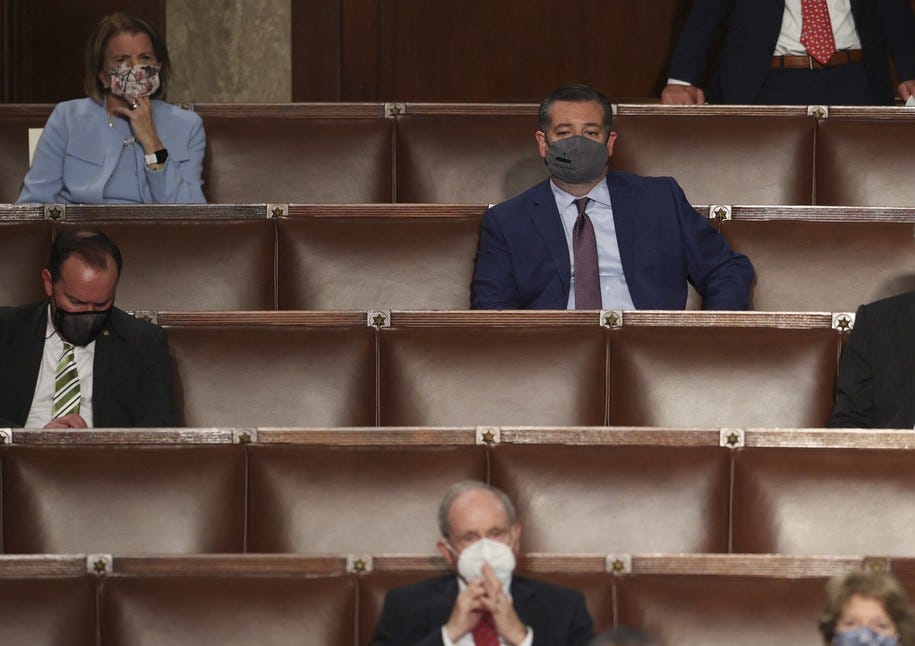 Republican US Senators Mike Lee (R-UT), Shelly Moore Capito (R-WV), Ted Cruz (R-TX) and Jim Risch (R-ID) listen to US President Joe Biden address a joint session of Congress at the US Capitol in Washington, DC, on April 28, 2021. (Photo by JONATHAN ERNST / POOL / AFP) (Photo by JONATHAN ERNST/POOL/AFP via Getty Images)