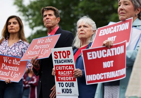 Protesters in June in Loudoun County, Va., one of many places where some  parents have demonstrated against critical race theory, an academic concept that has become shorthand for various teachings about race.