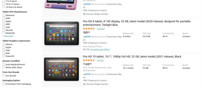 Search results for an Amazon page keyword “Tablet”. A sample image is shown on the left, with the rest of the card design on the right. It includes the name of the product, rating, price, and how soon it can ship.