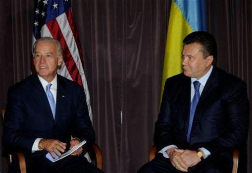 This 2009 photo shows Vice President Joe Biden meeting with Viktor Yanukovych, the then-Moscow-backed presidential candidate in Kiev, Ukraine. In the hours before he fled Ukraine's capital, Yanukovych huddled on the phone with Biden.