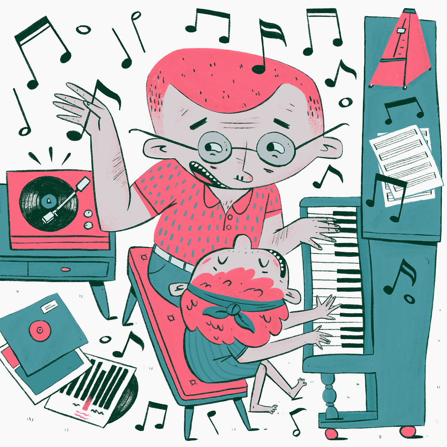 An illustration of a man teaching his daughter how to play the piano An illustration of a man teaching his daughter how to play the piano