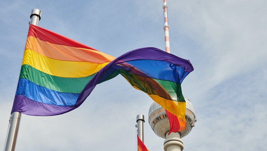 01 June 2021, Berlin: A rainbow flag flies in front of the TV tower. Four such colorful flags were hoisted to kick off the Berlin Pride summer. Photo: Annette Riedl/dpa (Photo by Annette Riedl/picture alliance via Getty Images)