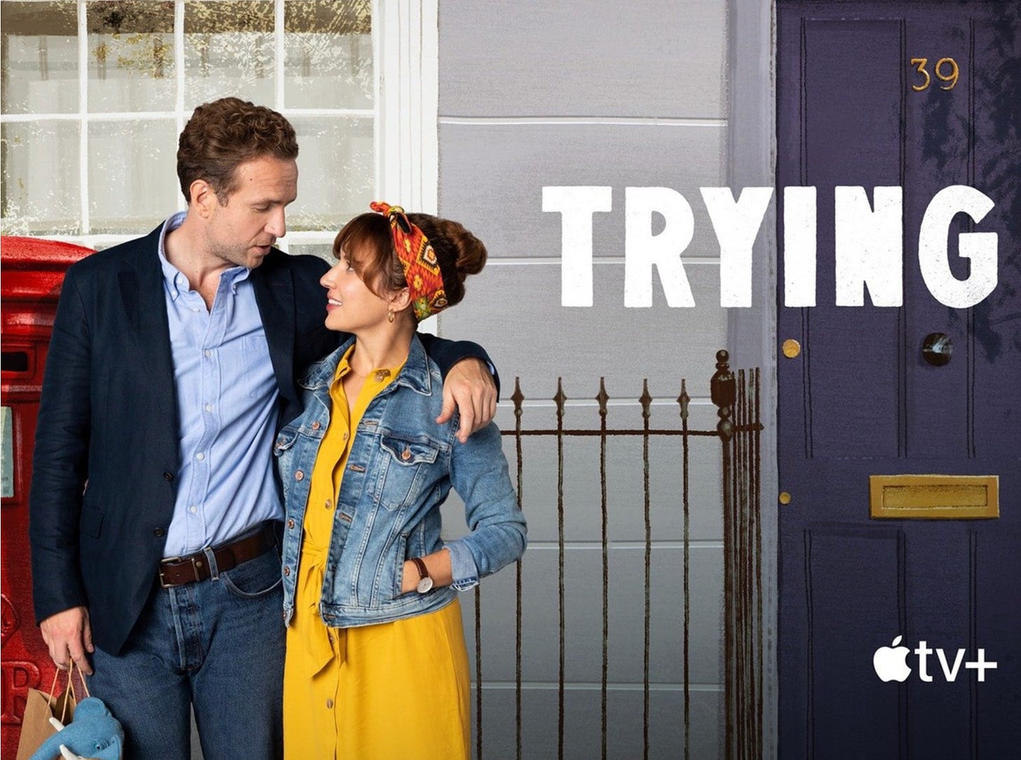 Promotional photo for Apple TV+ show Trying, featuring male and female lead in front of london row home doorstep