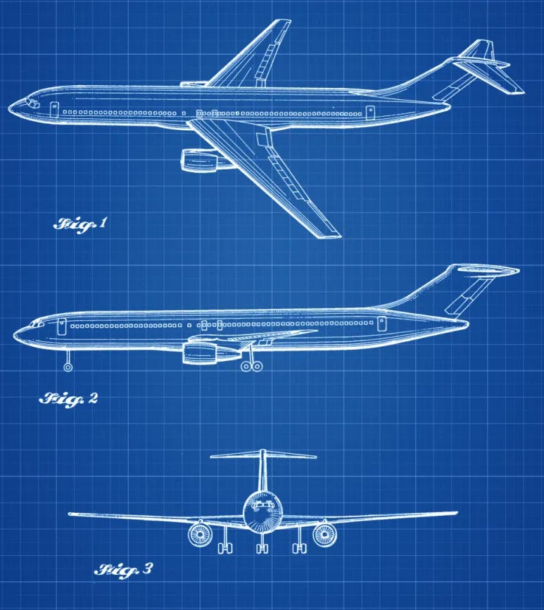 A blueprint-style image of a t-tail airliner from the front, side and a 3/4 side view.