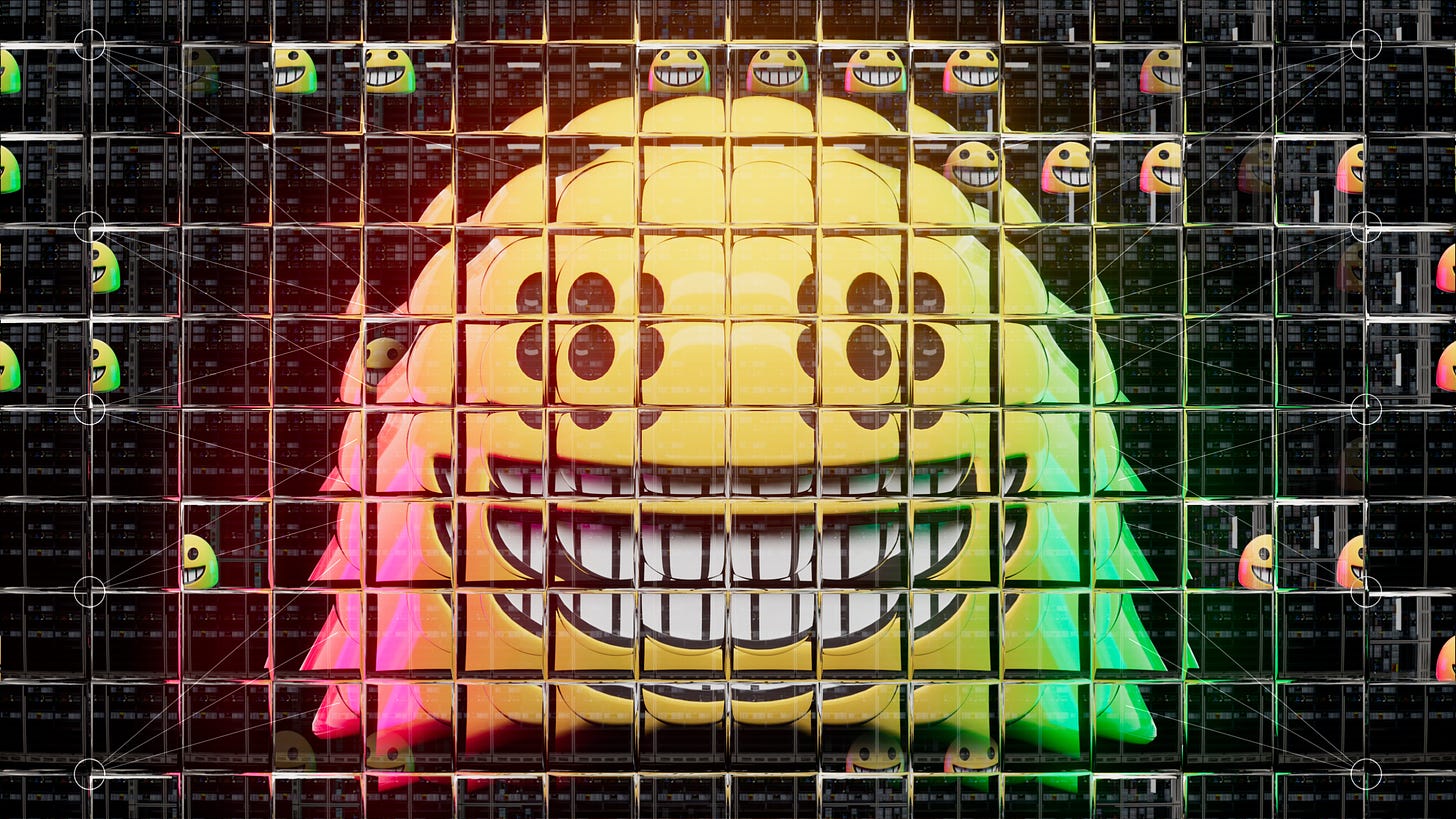 A photographic rendering of a smiling face emoji seen through a refractive glass grid, overlaid with a diagram of a neural network.