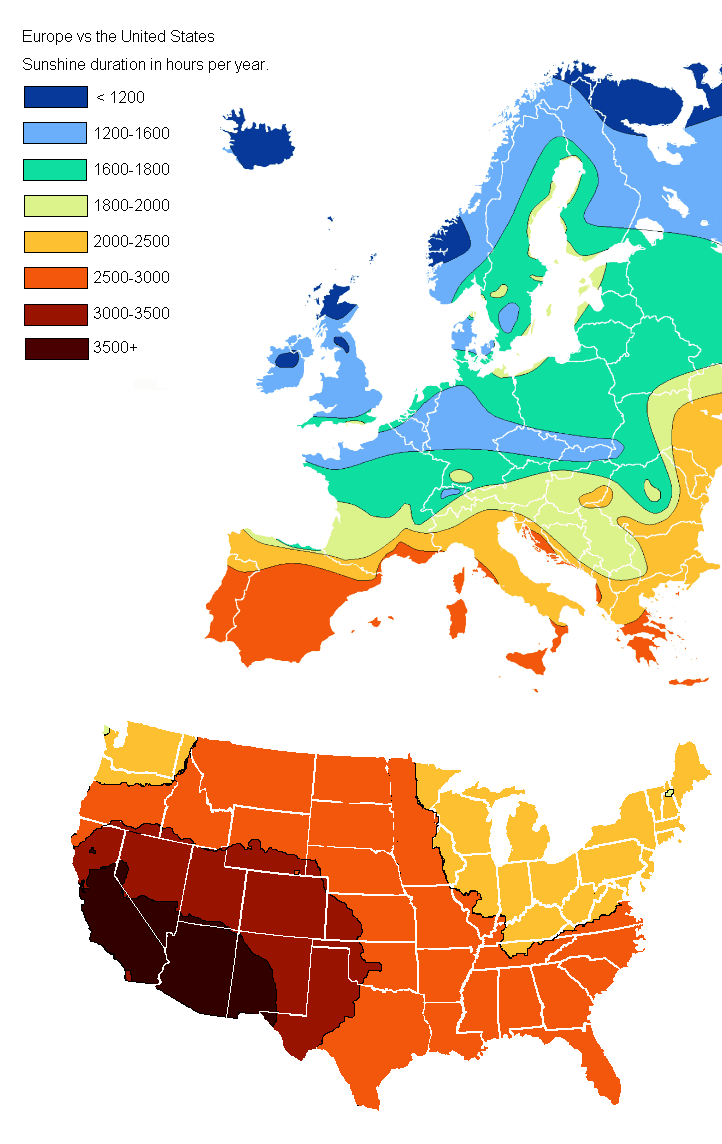 Europe vs United States Sunshine Duration In Hours Per Year