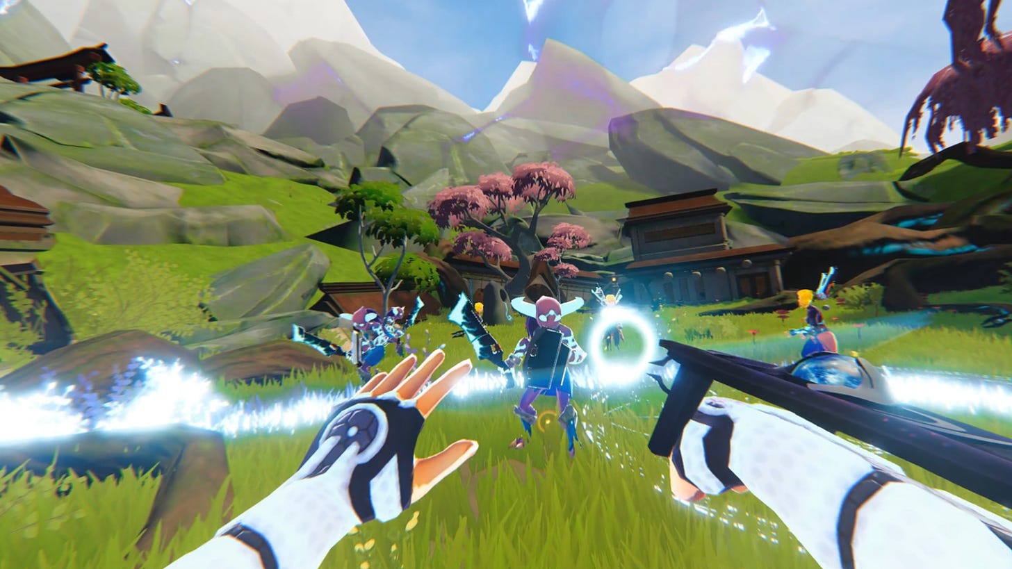 A group of bipedal enemy creatures in a lush mountain-forest landscape