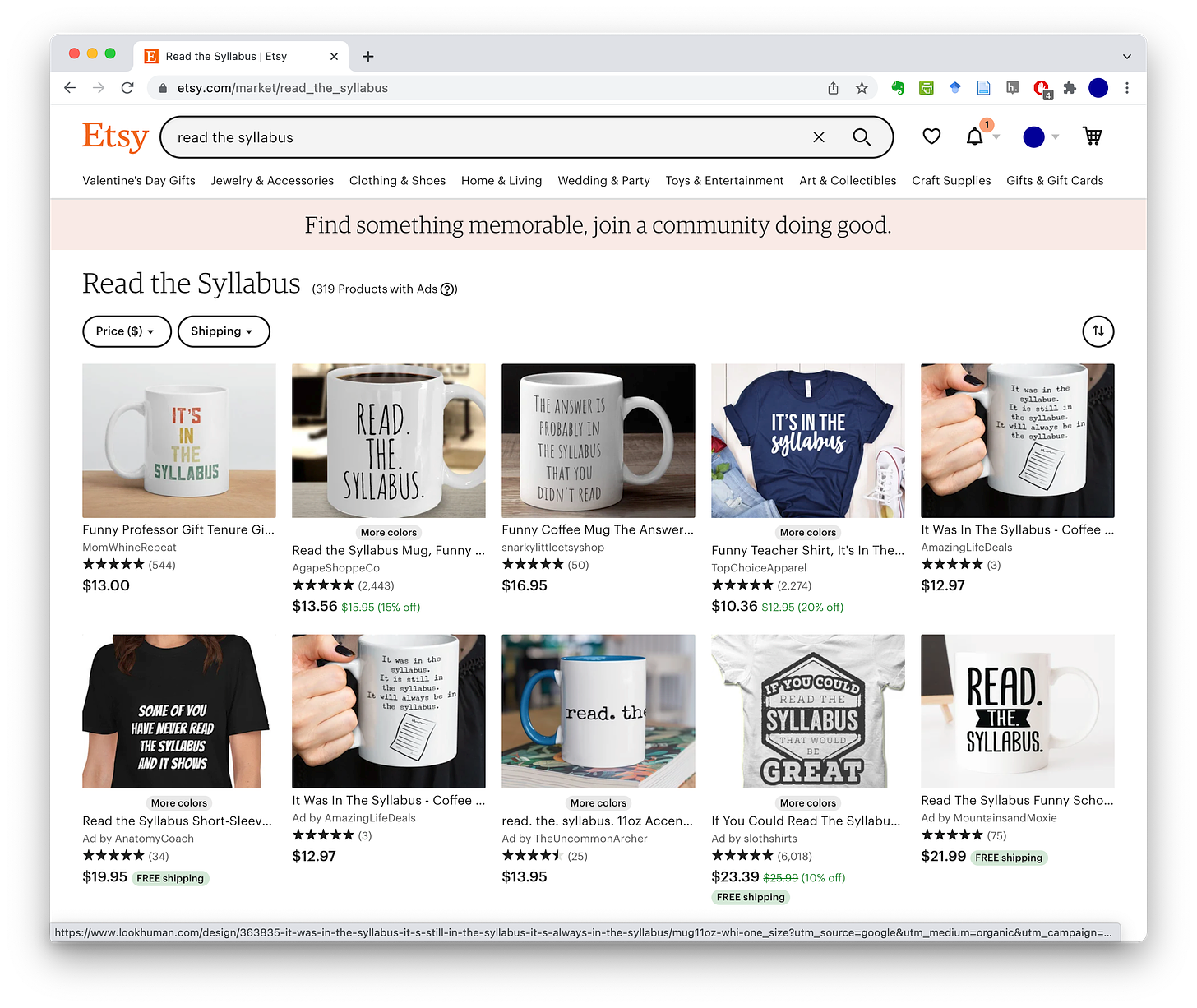 Etsy storefronts with "read the syllabus" paraphernalia.