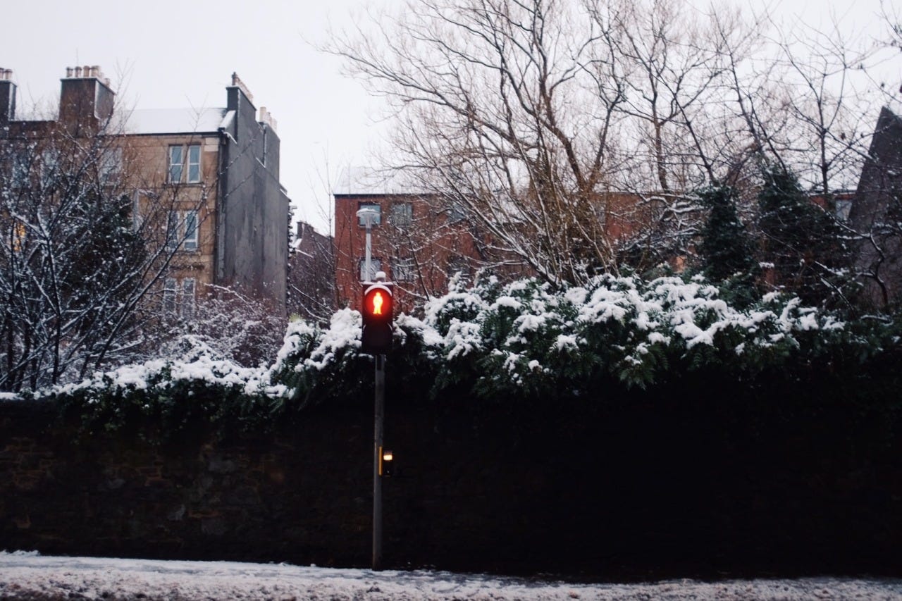 A snowy roadside scene in Edinburgh, Scotland. Snow covers only the top branches of a fir hedge, a sandstone tenement building and a newer red-brick apartment complex sit behind the hedge and a pedestrian crossing’s red man glows fuzzily in the foreground. 