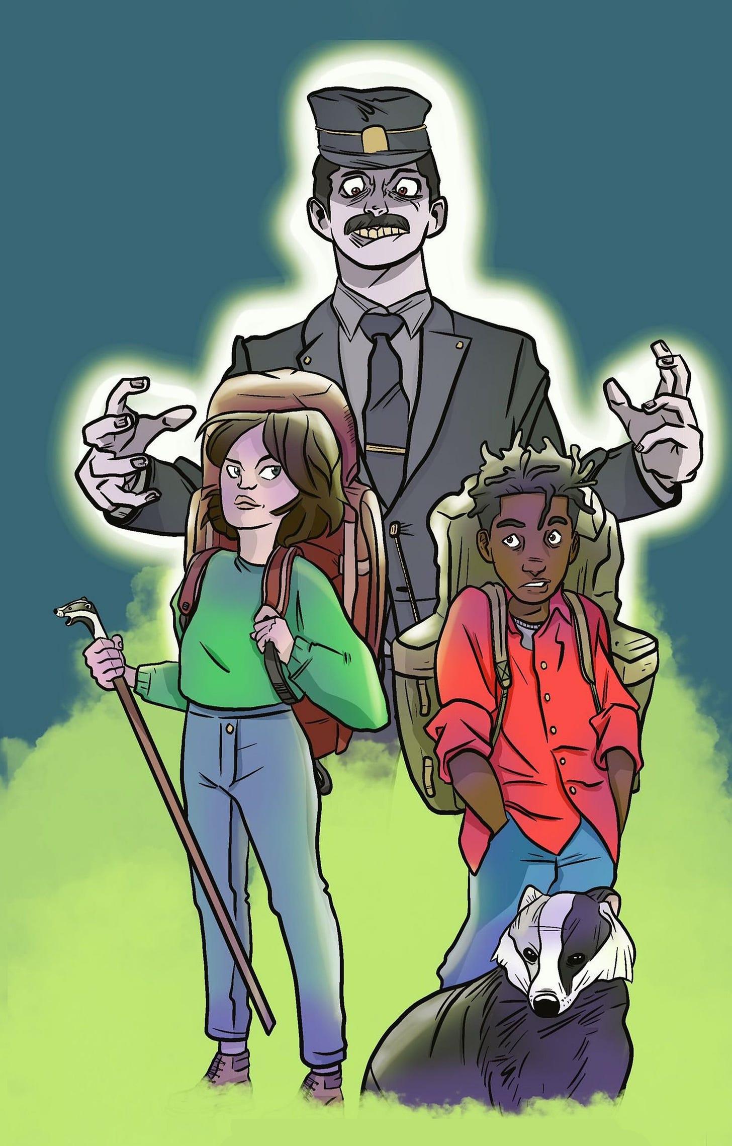 The ghost of a train conductor looms over a white girl and black boy and a badger with one black stripe and one white on its face.