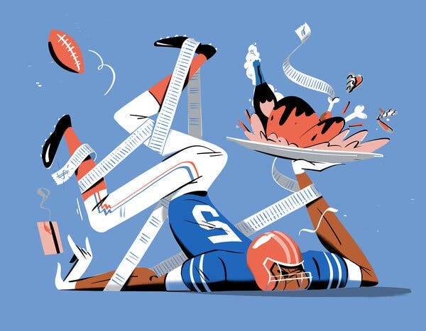 An illustration of a football player who has fallen down on the field because he’s wrapped up in a long receipt. In one hand he’s holding a platter with a turkey and a bottle of Champagne. A credit card is flying out of his other hand, while a football spins behind him.