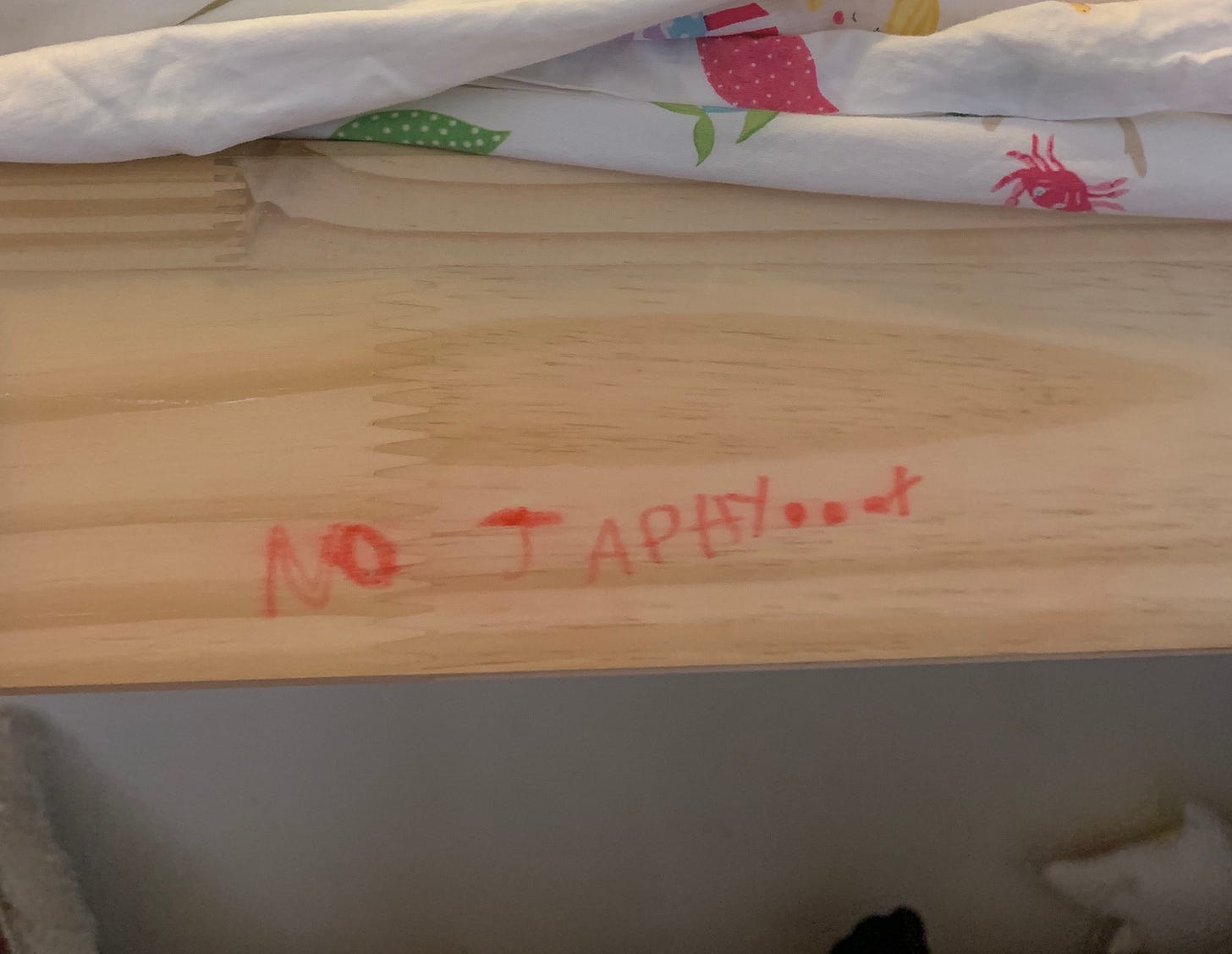 the words "No JAPHY" written in marker on a pine bunk bed