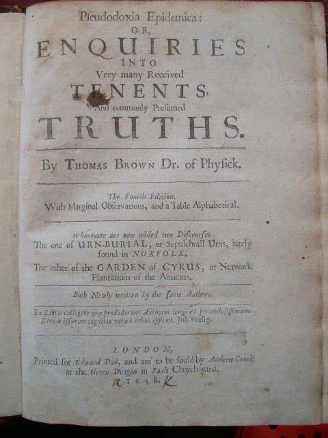 Title-page of 1658 4th edition of Pseudodoxia Epidemica.