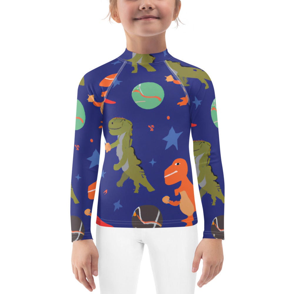 Kids Rash Guard - Dinosaurs Playing Baseball in Outer Space - Dall-E 2 Collab